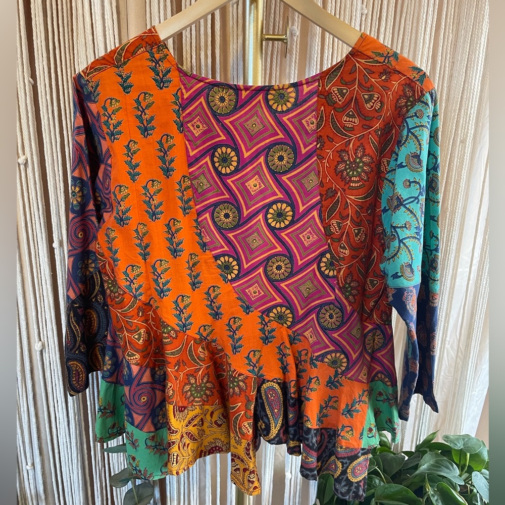 Boho Multi-Coloured Patchwork Peplum Top With 3/4… - image 3